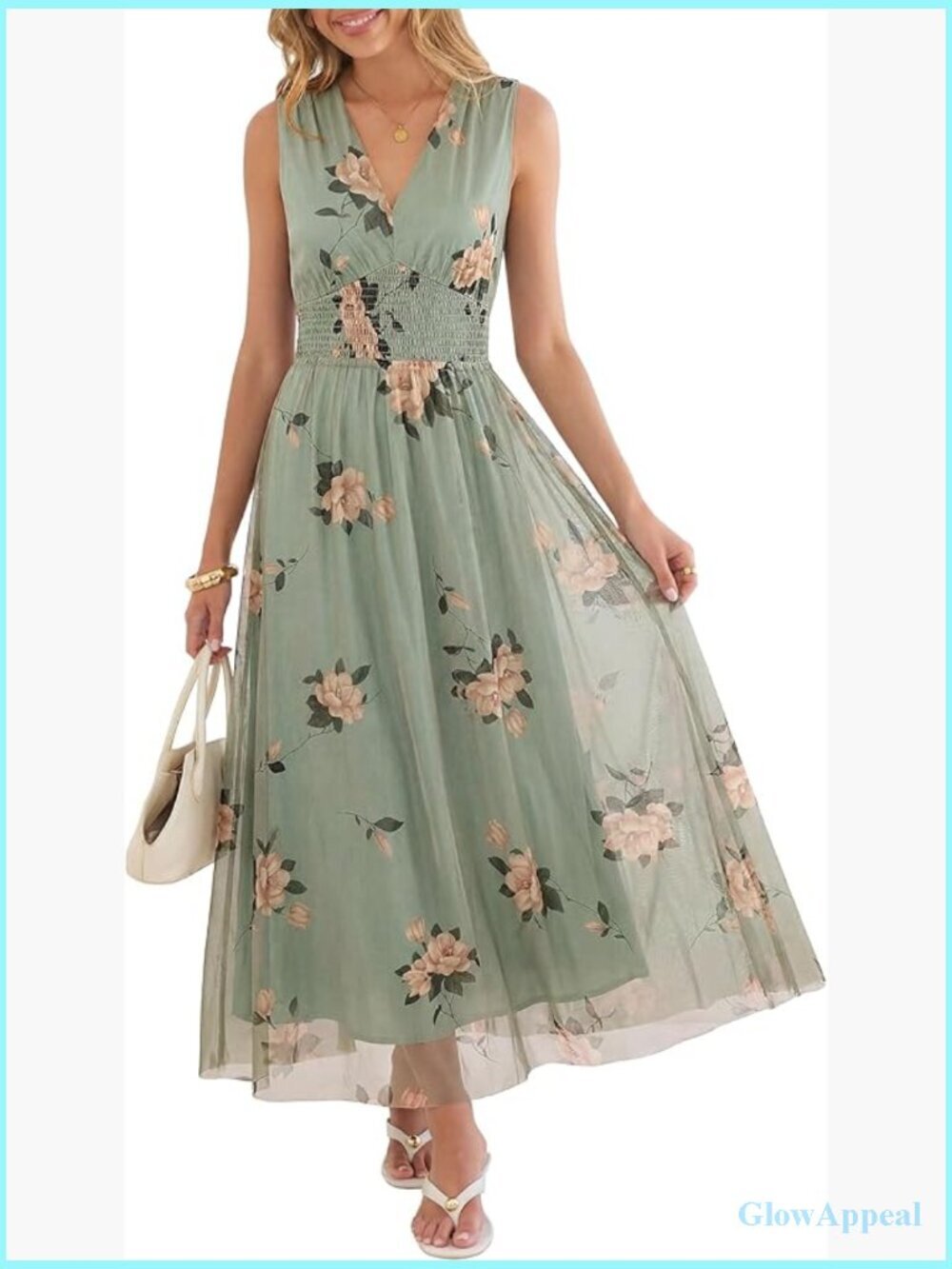 Floral Tulle Maxi Dress V Neck Sleeveless A-Line Elastic Waist Casual Formal